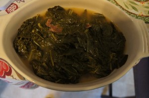 Finished greens after being transferred to a serving dish. 